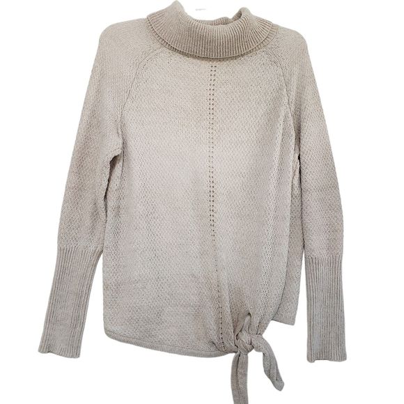LC Lauren Conrad Soft Long Sleeve Cowl Neck Beige Sweater with Tie Hem, Medium - Picture 1 of 10